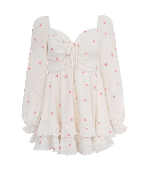 Muslin mini dress with frills white in pink hearts